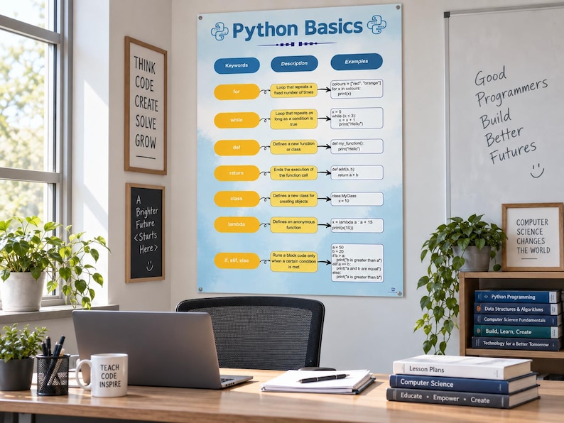 May include: A large educational wall poster titled Python Basics with a light blue background. It features a table with three columns labeled Keywords, Description, and Examples, detailing programming concepts like for, while, def, return, class, lambda, and if-else.
