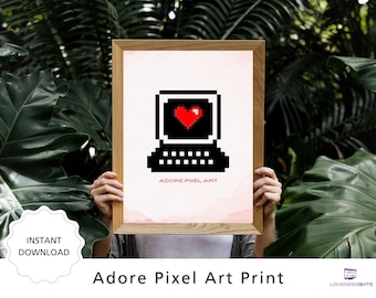 Pôster de jogos retrô | Arte pixelada em formato de coração de computador | Decoração de parede nerd e tecnológica | Decoração para quarto gamer | Ideia de presente para nerds da computação | Escritório tecnológico