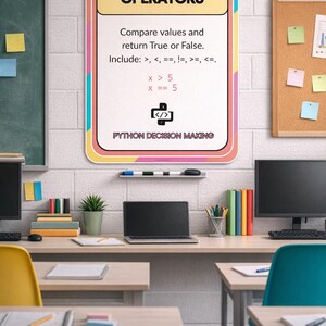 Zestaw plakatów z instrukcjami warunkowymi w Pythonie, prezentacja procesu decyzyjnego w Pythonie, operatory warunkowe w trybie "If Else" w ELIF, dekoracja ścienna do sali lekcyjnej informatyki GCSE KS3 KS4 zdjęcie 8