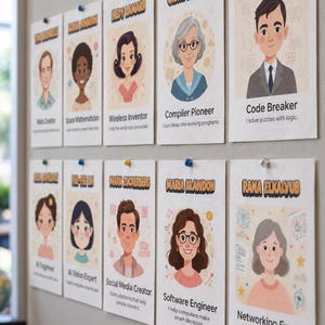 May include: A series of ten rectangular posters pinned to a wall, each featuring a cartoon portrait of a historical or modern technology figure. Each poster displays a name in bold orange text, a job title, and a brief description of their contribution.