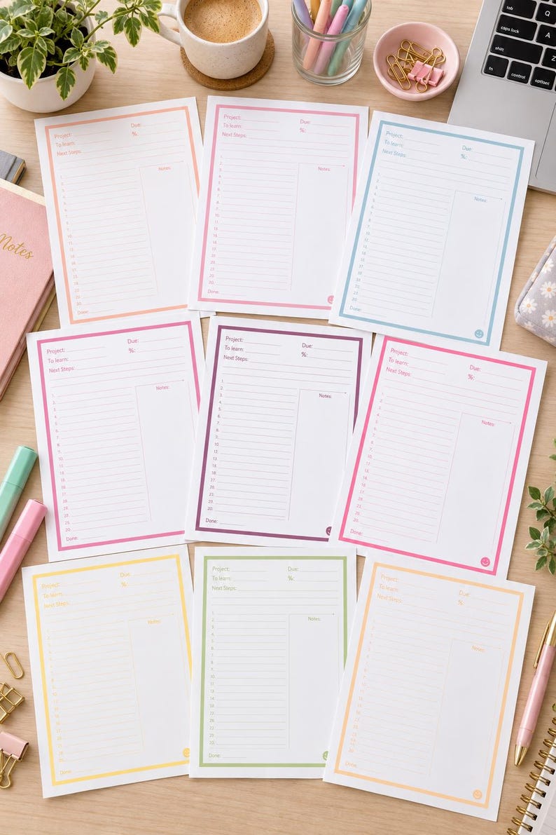 May include: A collection of eight rectangular project planning sheets with colored borders in orange, pink, blue, purple, magenta, yellow, green, and light orange. Each sheet features printed fields for Project, To Learn, Next Steps, Due, and Notes.
