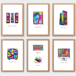 May include: Six framed illustrations of computer hardware components, each with a colorful, stylized design. The illustrations depict a computer tower, computer speakers, a hard drive, a computer fan, a keyboard, and a computer screen.