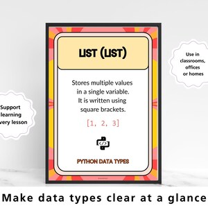 Python Datentypen Poster Set, String Integer Float Boolesche Liste Tuple Set Wörterbuch, GCSE Computer Science Classroom Decor KS3 KS4 Wall Bild 3