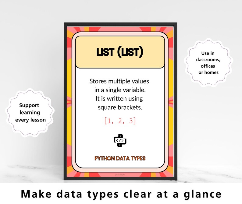 Python Datentypen Poster Set, String Integer Float Boolesche Liste Tuple Set Wörterbuch, GCSE Computer Science Classroom Decor KS3 KS4 Wall Bild 3