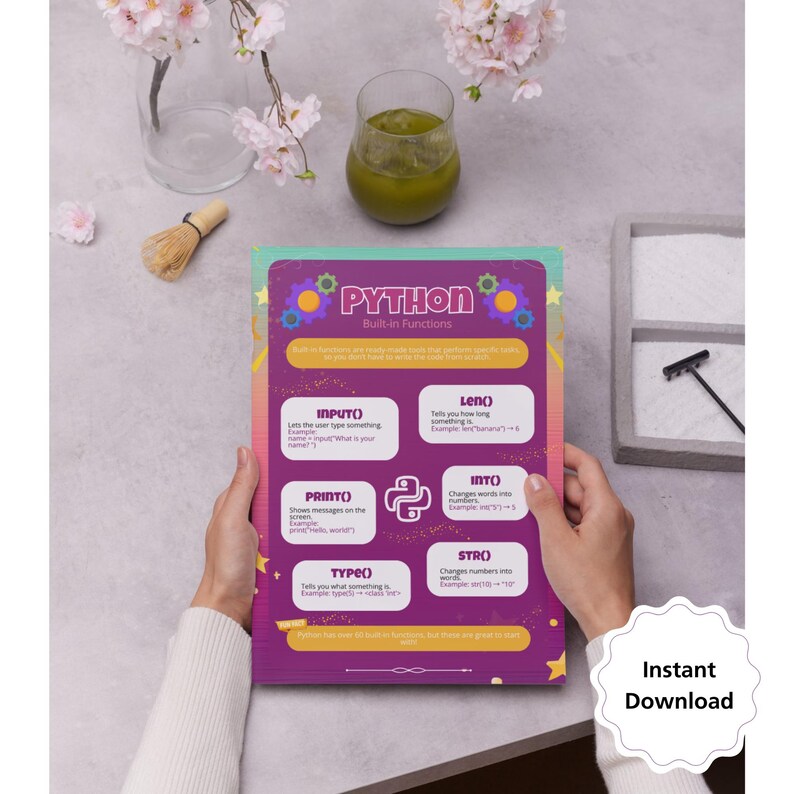 May include: A colourful chart with the title "Python Built-in Functions" and descriptions of different Python functions, including input(), len(), print(), into(), type(), and str().