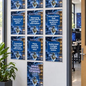 Peut inclure: Une collection de dix affiches &eacute;ducatives rectangulaires sur un mur, chacune pr&eacute;sentant un fond bleu avec une illustration centrale d'un petit robot et du texte blanc expliquant divers concepts li&eacute;s &agrave; l'informatique quantique.