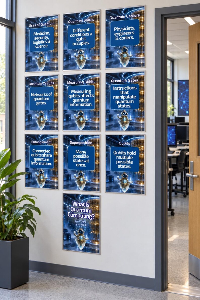 Peut inclure: Une collection de dix affiches &eacute;ducatives rectangulaires sur un mur, chacune pr&eacute;sentant un fond bleu avec une illustration centrale d'un petit robot et du texte blanc expliquant divers concepts li&eacute;s &agrave; l'informatique quantique.