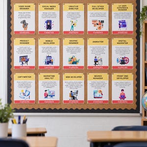 May include: A rectangular cork bulletin board featuring fifteen individual career information posters arranged in a grid. Each poster has a yellow header with a job title, a white body with descriptive text, and a red footer labeled CAREERS.