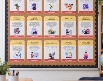 May include: A rectangular cork bulletin board featuring fifteen individual career information posters arranged in a grid. Each poster has a yellow header with a job title, a white body with descriptive text, and a red footer labelled CAREERS.