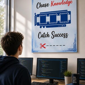 Może przedstawiać: Prostokątny plakat ścienny z jasnoniebieskim tłem, zawierający tekst Chase Knowledge i Catch Success czarną i czerwoną czcionką. Niebieska grafika taśmy filmowej jest wyśrodkowana między tekstem, z czerwoną ikoną nożyczek i przerywaną linią.