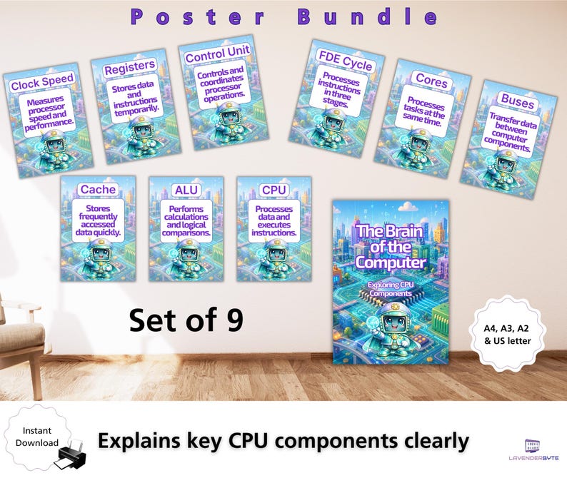 May include: A set of nine educational posters titled The Brain of the Computer, featuring a cartoon robot character. Each poster explains CPU components including Clock Speed, Registers, Control Unit, FDE Cycle, Cores, Buses, Cache, ALU, and CPU.