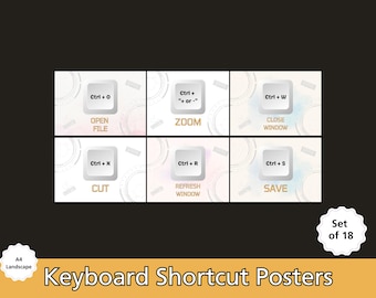 Posters met sneltoetsen | Set van 18 | Computerlab-klaslokaaldisplay voor computers