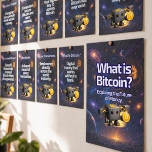 Op de afbeelding: Een collectie van tien rechthoekige educatieve posters met ruimtethema-achtergronden met sterrenstelsels en sterren. Elke poster toont een kleine zwarte robotfiguur die een gouden Bitcoin-munt vasthoudt en tekst over verschillende Bitcoin-concepten.