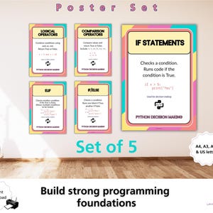 Zestaw plakatów z instrukcjami warunkowymi w Pythonie, prezentacja procesu decyzyjnego w Pythonie, operatory warunkowe w trybie "If Else" w ELIF, dekoracja ścienna do sali lekcyjnej informatyki GCSE KS3 KS4 zdjęcie 4