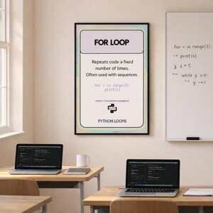 Set di poster sui cicli Python, ciclo For While, intervallo, interruzione, continua, materiale didattico per la classe di informatica GCSE, scuola secondaria di primo e secondo grado (KS3, KS4), decorazione murale per la programmazione, scuola. immagine 2