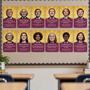 May include: A wall display featuring twelve rectangular posters of technology pioneers. Each poster shows a portrait above a name and a quote on a purple background with a yellow sunburst pattern. The figures include Bill Gates, Charles Babbage, Alan Turing, Mark Zuckerberg, Ada Lovelace, Elon Musk, Grace Hopper, Shafi Goldwasser, Timnit Gebru, Radia Perlman, Joy Buolamwini, and Fei-Fei Li.