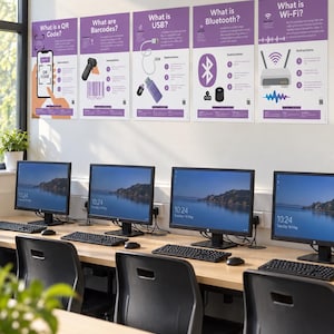 May include: Five educational posters mounted on a white wall above computer workstations. The purple and white posters explain technology concepts including QR codes, barcodes, USB, Bluetooth, and Wi-Fi, each featuring diagrams and numbered instructions.