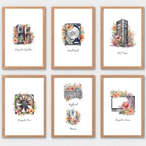 May include: Six watercolor illustrations of computer parts with floral accents. The illustrations include a computer tower, computer speakers, hard drive, computer fan, keyboard and mouse, and a computer screen.