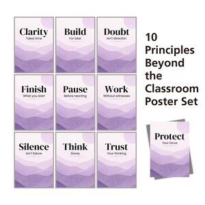 May include: A set of ten motivational posters with a purple and white wave design. Each poster features a single word like "Clarity" or "Finish" with a short explanation. The set is titled "10 Principles Beyond the Classroom Poster Set."