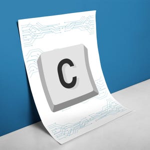 May include: A white computer key with a black letter "C" on it. The key is on a white background with a blue circuit board design.