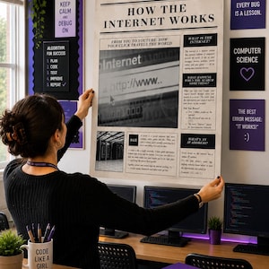 May include: A large poster titled The Digital Daily How The Internet Works, featuring educational text and graphics about data centres and internet connectivity. The poster is surrounded by purple wall art with coding quotes and a stack of computer science books.