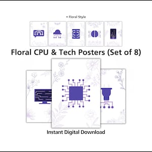 Bloemen computerwetenschap muurkunst set van 8 | Posters CPU-technologie
