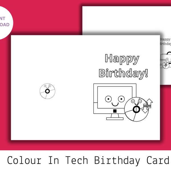 Techie birthday card Printable happy birthday download card Colouring in activity kids Birthday Printable Computer Science Teen IT Nerd Geek