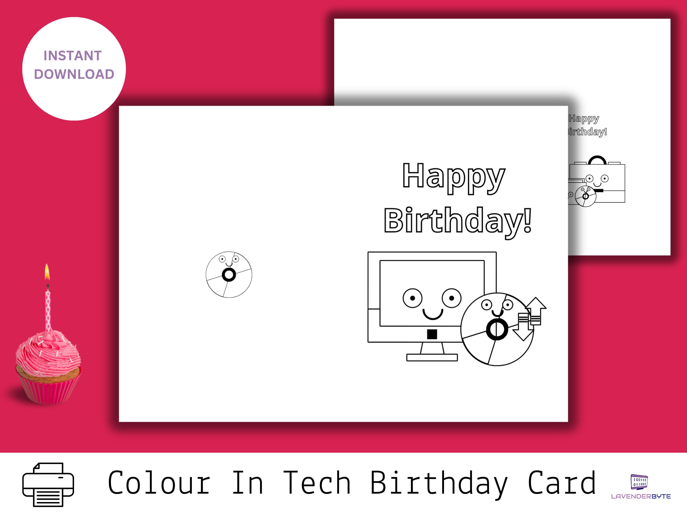 Techie Birthday Card - Printable Happy Birthday Download, Colouring