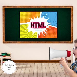 Może przedstawiać: Ilustracja w ramie w stylu komiksowym z tekstem "HTML HyperText Markup Language" w białej chmurce. Grafika jest w żółtej, pomarańczowej i niebieskiej kolorystyce. Młoda osoba trzyma megafon przed oprawioną ilustracją.