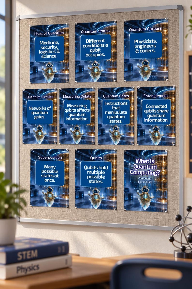 Peut inclure: Un tableau d'affichage en li&egrave;ge pr&eacute;sente dix affiches &eacute;ducatives sur l'informatique quantique. Chaque affiche comporte une illustration de petit robot et du texte expliquant des concepts comme les qubits, la superposition et l'intrication.