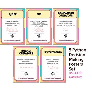 Python If Statements Poster Set, Python Display zur Entscheidungsfindung, If Else Elif Organizers, GCSE Computer Science Classroom Decor KS3 KS4 Wall