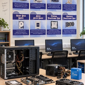 May include: A computer hardware assembly scene featuring an open desktop tower, a motherboard, a graphics card, a power supply unit, a hard disk drive, a solid state drive, an Intel Core i5 processor box, a small container of screws, and a screwdriver.