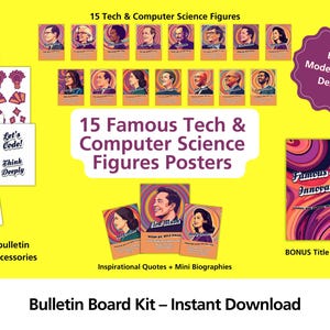 May include: A yellow bulletin board kit featuring 15 famous tech and computer science figures. The kit includes posters, bonus accessories, and inspirational quotes. The design is bold and retro, with a bonus title poster.