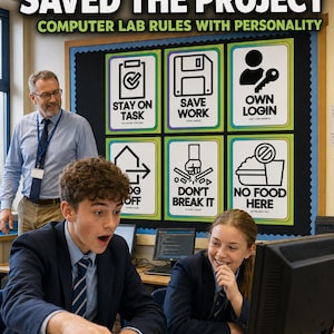 Op de afbeelding: Een muurposter met de titel THE POSTER THAT SAVED THE PROJECT COMPUTER LAB RULES WITH PERSONALITY met zes iconen met de tekst: STAY ON TASK, SAVE WORK, OWN LOGIN, LOG OFF, DON'T BREAK IT en NO FOOD HERE, weergegeven op een zwart prikbord.