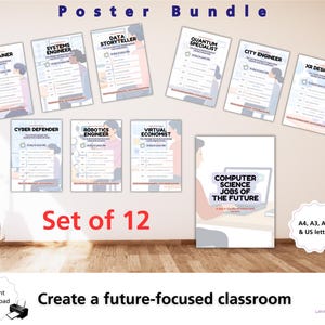 May include: A set of 12 educational posters titled Poster Bundle, featuring career roles like AI Trainer, Systems Engineer, and Data Storyteller. Each poster includes a daily schedule section and the text Computer Science Jobs of the Future.