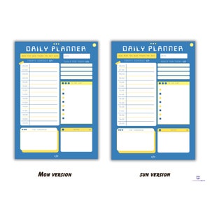 Peut inclure: Deux mod&egrave;les de planificateur quotidien bleu et jaune. Le mod&egrave;le de gauche est intitul&eacute; "Version Lun" et le mod&egrave;le de droite est intitul&eacute; "Version Dim". Les deux mod&egrave;les ont une section pour "Horaire du jour" avec des cr&eacute;neaux horaires de 6h00 &agrave; 22h00, une section pour "Objectifs du jour" et une section pour "Liste de t&acirc;ches".