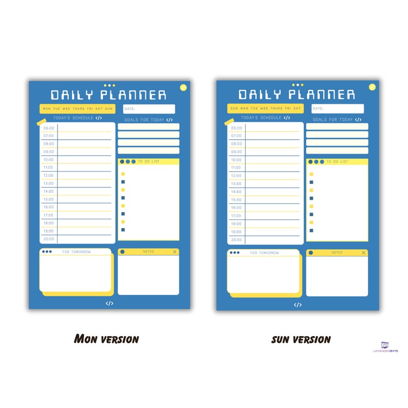 Peut inclure: Deux mod&egrave;les de planificateur quotidien bleu et jaune. Le mod&egrave;le de gauche est intitul&eacute; "Version Lun" et le mod&egrave;le de droite est intitul&eacute; "Version Dim". Les deux mod&egrave;les ont une section pour "Horaire du jour" avec des cr&eacute;neaux horaires de 6h00 &agrave; 22h00, une section pour "Objectifs du jour" et une section pour "Liste de t&acirc;ches".