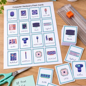 May include: A set of computer hardware flash cards on a white sheet and individual cards featuring illustrations of components like a mouse, hard disk, monitor, and keyboard with labels. Includes a paper cutter, scissors, and a light green instruction note.
