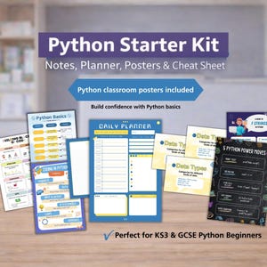 Puede incluir: Un kit de inicio de Python con notas, un planificador, carteles y una hoja de trucos. El kit incluye carteles de aula de Python y está diseñado para generar confianza con los conceptos básicos de Python.
