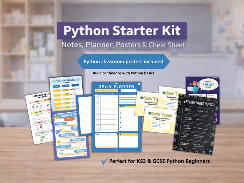 Pu&ograve; includere: Un Python Starter Kit con note, un planner, poster e un cheat sheet. Il kit include poster per la classe Python ed &egrave; progettato per creare fiducia con le basi di Python.
