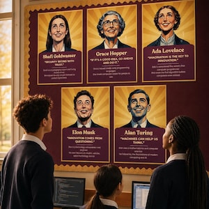 May include: A classroom display board titled Let Students See Who Made The Future Possible, featuring five portraits of historical figures including Shafi Goldwasser, Grace Hopper, Ada Lovelace, Elon Musk, and Alan Turing with their respective quotes.