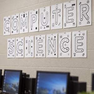 Set med posters med datavetenskapsbokstäver | Dekoration för datalabb | Display med teknikklassrum | Väggkonst med kodning | Utskrivbar STEM-klassrumsdekoration