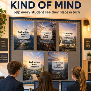 May include: A classroom display featuring the text Technology Needs Every Kind of Mind and Help every student see their place in tech. Five posters show career paths for Leaders, Builders, Storytellers, Designers, and Explorers in technology.