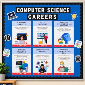 May include: A rectangular bulletin board titled COMPUTER SCIENCE CAREERS with a blue scalloped border. It features six informational sections detailing roles like Software Engineer, Data Scientist, AI Engineer, Machine Learning Engineer, Cybersecurity Analyst, and Database Administrator, each with descriptive text and illustrations.