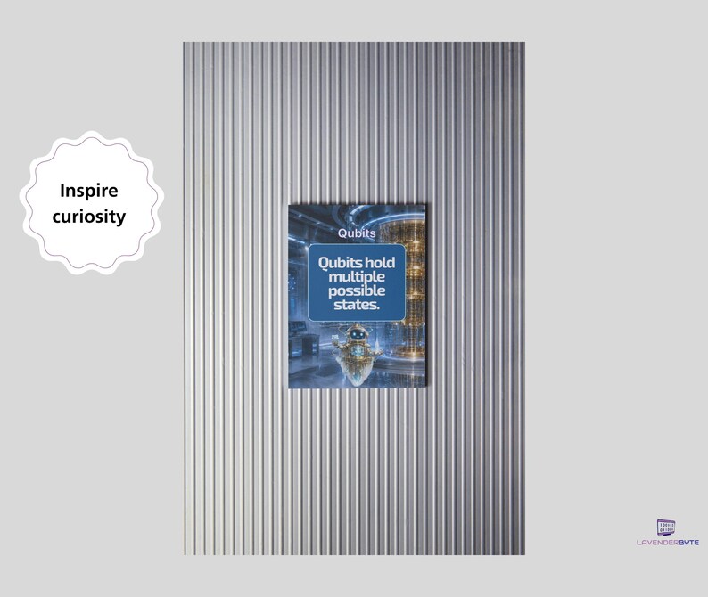 Pu&ograve; includere: Un poster rettangolare con sfondo blu, un piccolo robot e il testo Qubits hold multiple possible states. A sinistra, un badge bianco smerlato riporta il testo Inspire curiosity. Il poster &egrave; posizionato su uno sfondo di colore argento.