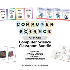 Peut inclure: Un ensemble de ressources pour la classe de sciences informatiques, comprenant des affiches, des supports visuels et des ressources sur les carrières. L'image présente des cartes avec des termes tels que "Débogage" et "Algorithmes".