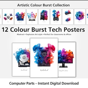 May include: A collection of 12 digital posters titled Artistic Colour Burst Collection and 12 Colour Burst Tech Posters. The images feature various computer components like a hard disk, motherboard, and screen surrounded by vibrant clouds of colorful smoke.