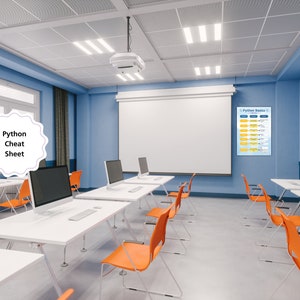 Puede incluir: Un aula con escritorios blancos y sillas naranjas. Una pantalla de proyecci&oacute;n est&aacute; en la pared con un p&oacute;ster titulado "Python Basics" colgado a la derecha de la pantalla. Un cartel blanco con el texto "Python Cheat Sheet" est&aacute; en primer plano.