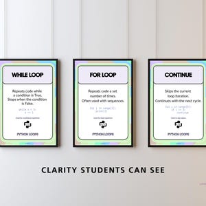 Set di poster sui cicli Python, ciclo For While, intervallo, interruzione, continua, materiale didattico per la classe di informatica GCSE, scuola secondaria di primo e secondo grado (KS3, KS4), decorazione murale per la programmazione, scuola. immagine 5