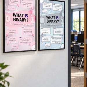 May include: Two framed educational posters titled What is Binary? A system of representing data. The left poster has a pink watercolor background, and the right poster has a blue watercolor background. Both feature text boxes explaining binary concepts with 0 and 1 digits.